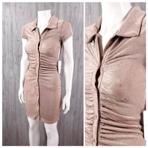 Dresses & Skirts - Ruched Slinky Andy Metallic Taupe Button Down Shirt Mini Dress With Jean